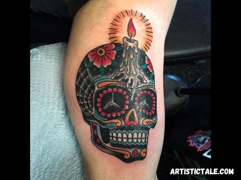 American Traditional Sugar Skull Tattoo