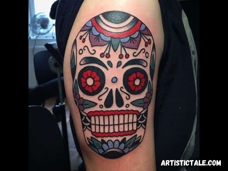 American Traditional Sugar Skull Tattoo